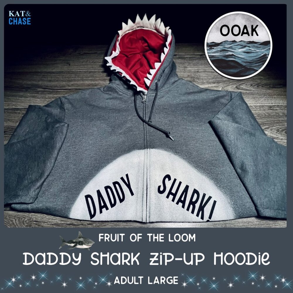 Grey Red Daddy Shark Zip Up Hoodie Mens Large Custom OOAK Father Family Costume